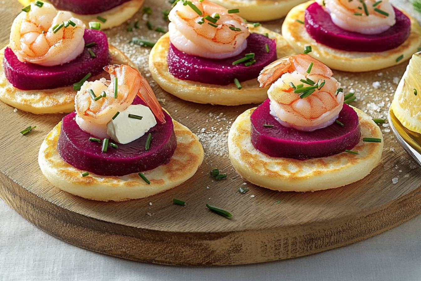 Blinis de camarones y remolacha