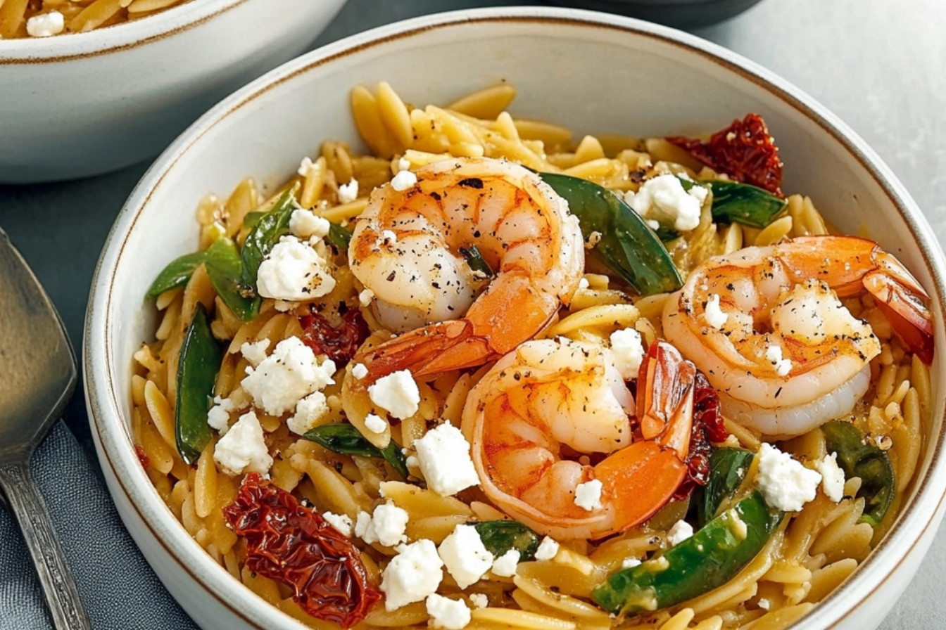 Orzo con tomates secos y gambas