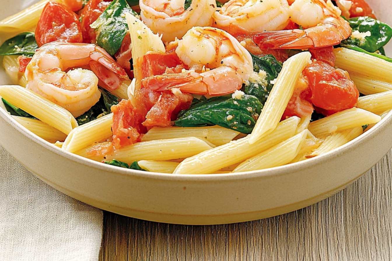 Penne con camarones y espinacas