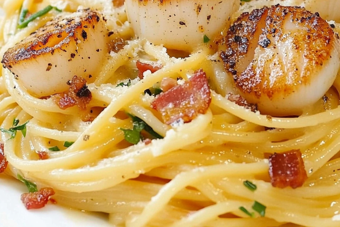 Linguine con vieiras en carbonara