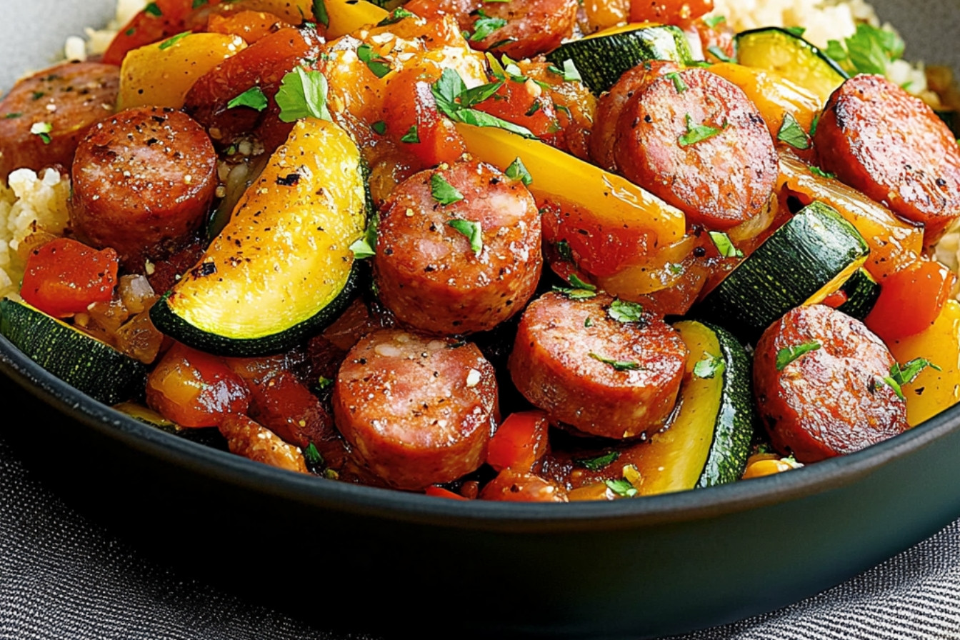 Salteado de verduras y salchichas