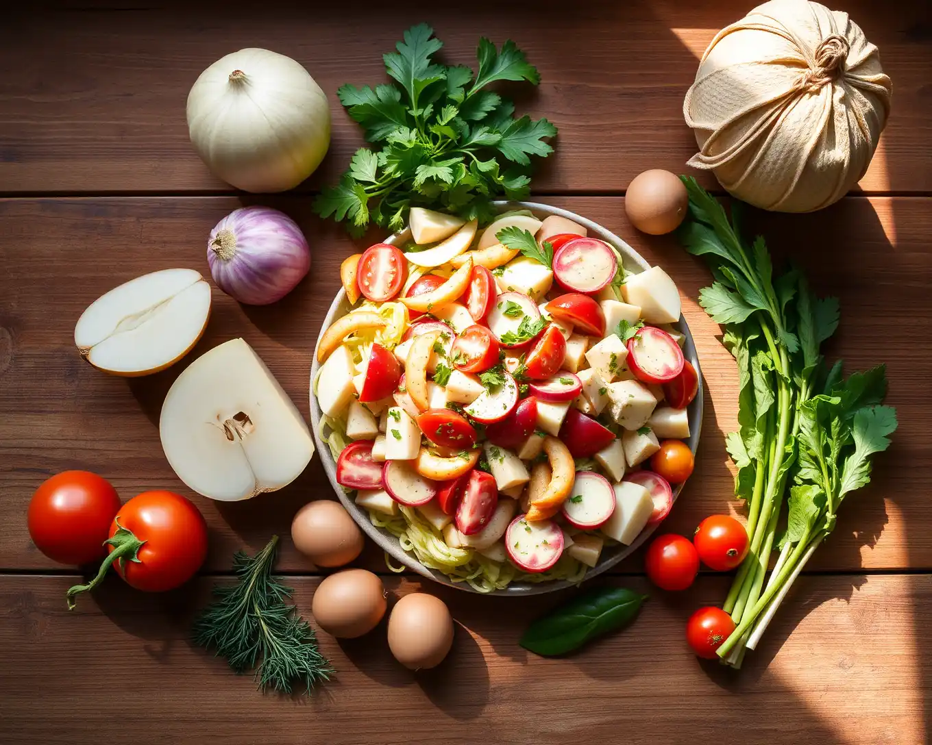 Ingredientes frescos para Ensalada de Lentejas con Vinagreta de Mostaza