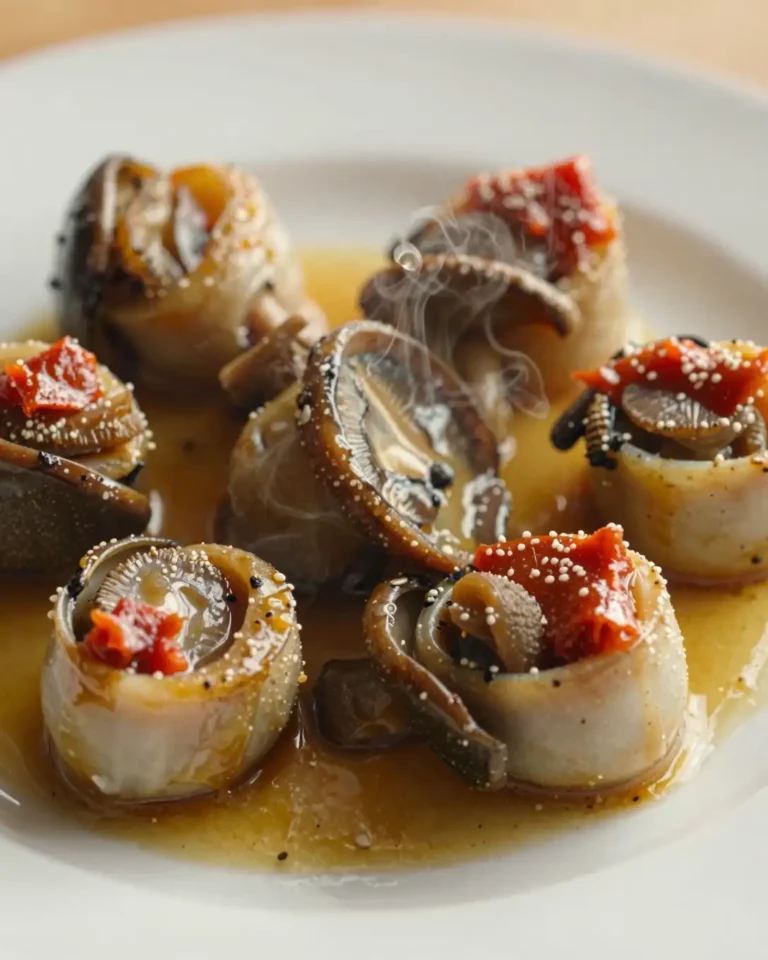 Plato delicioso de Mar y Montaña de Marisma: Gambas al Ajillo con Setas de Cardo y Aire de Pimentón