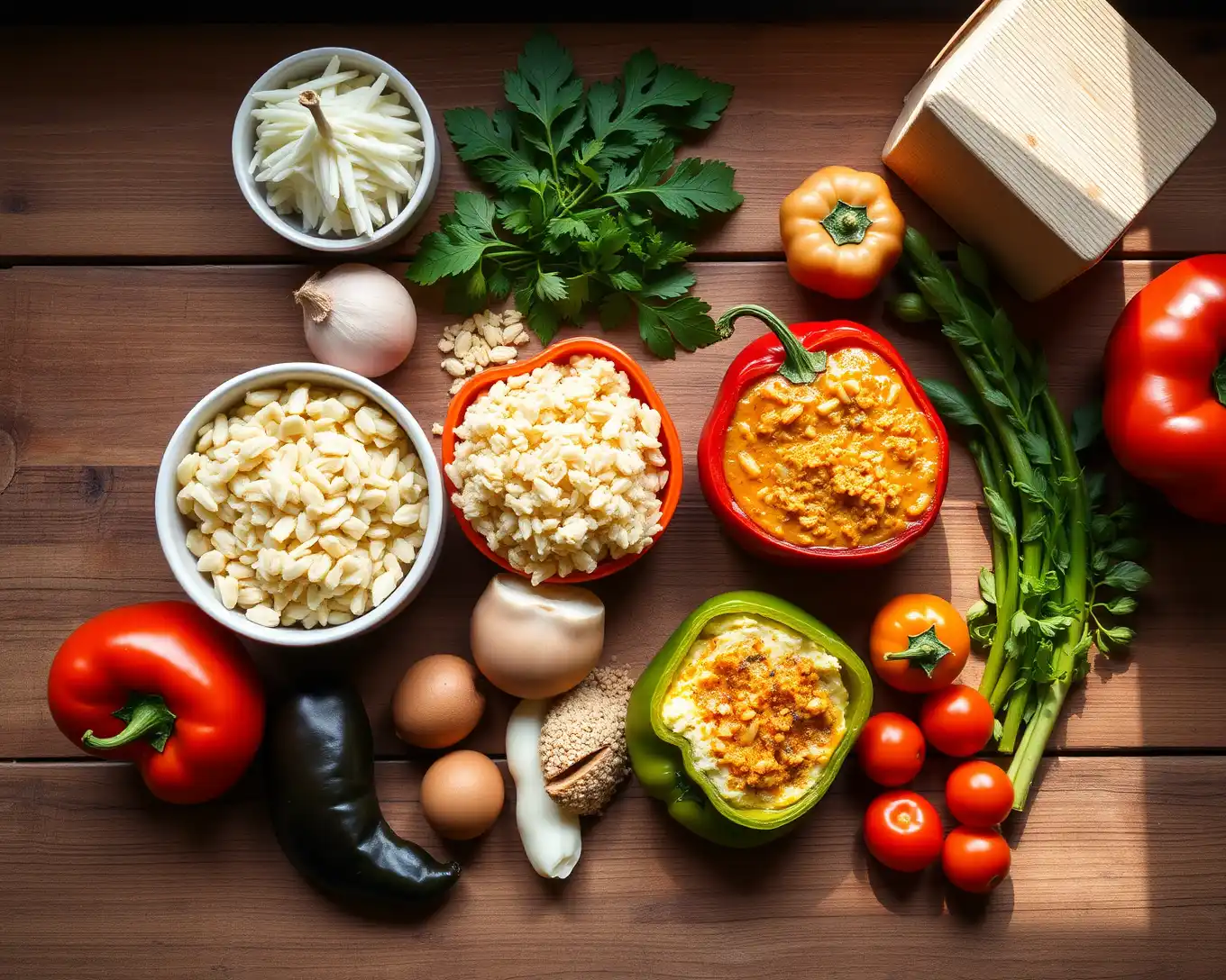 Ingredientes frescos para Pimientos Rellenos de Arroz y Lentejas