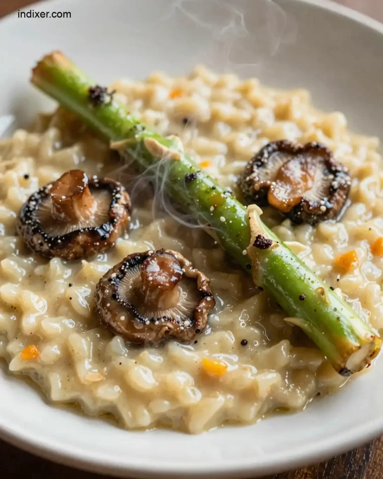 Plato delicioso de Risotto de Champiñones y Espárragos