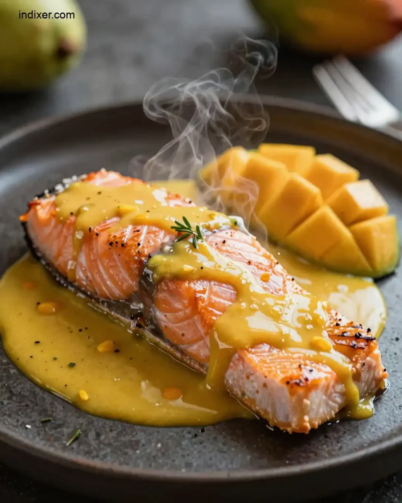 Plato delicioso de Salmon a la Parrilla con Salsa de Mango