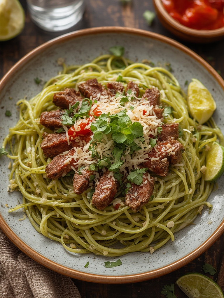Tallarines Verdes Peruanos con Bistec Apanado