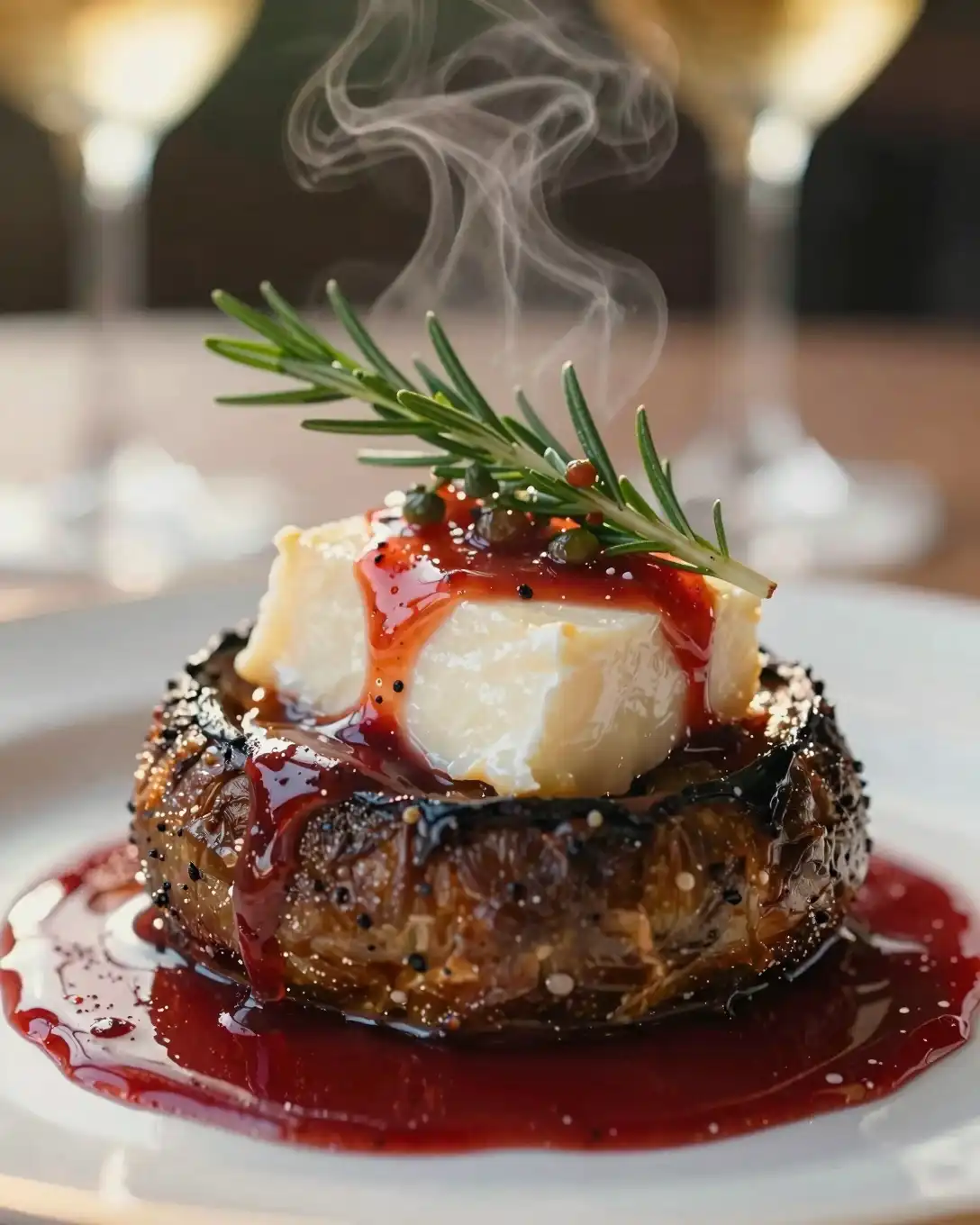 Plato final de Tapas de Champiñón Rellenos de Queso de Cabra y Romero con Reducción Balsámica