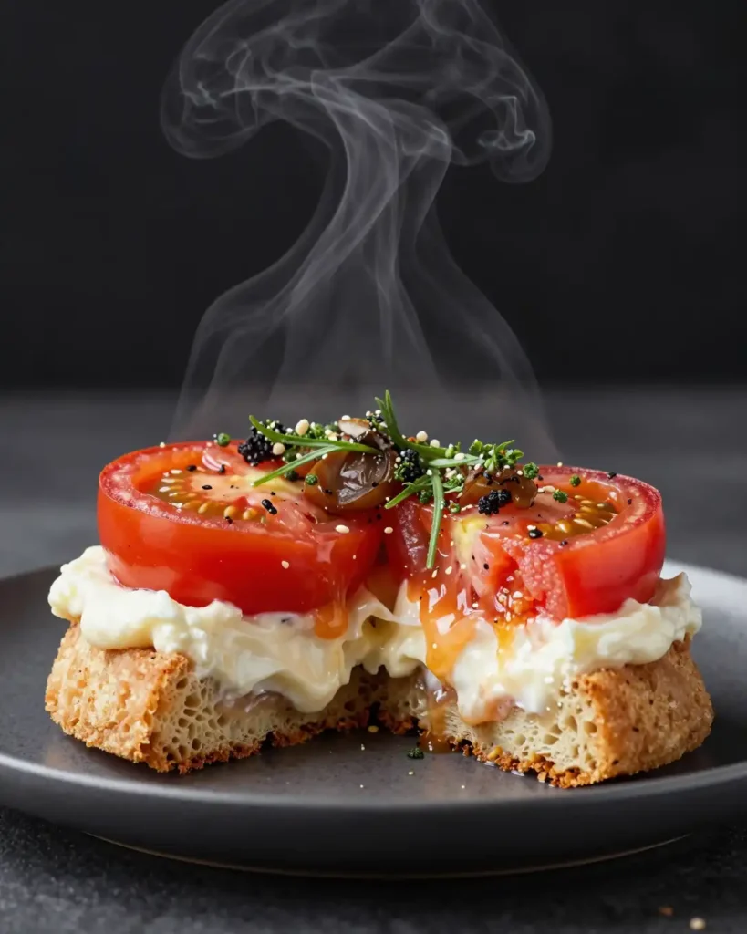 Detalle paso a paso de la preparación de Tapas de Tomate y Ajo Rostizado con Crema de Queso de Cabra y Hierbas Frescas
