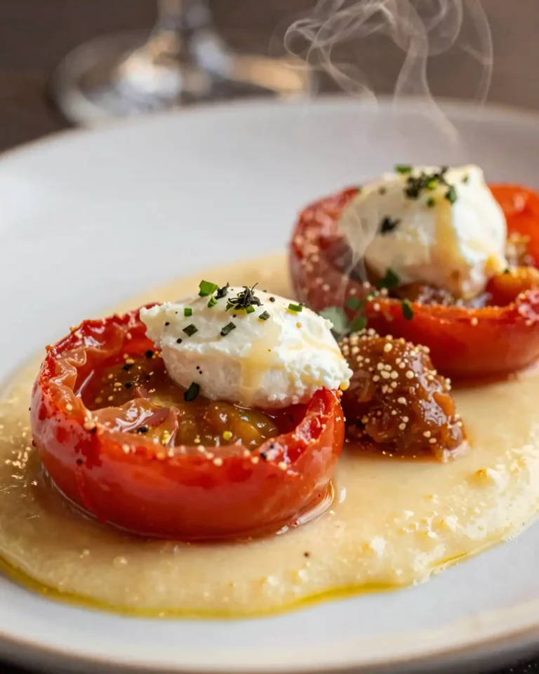 Plato final de Tapas de Tomate y Ajo Rostizado con Crema de Queso de Cabra y Hierbas Frescas