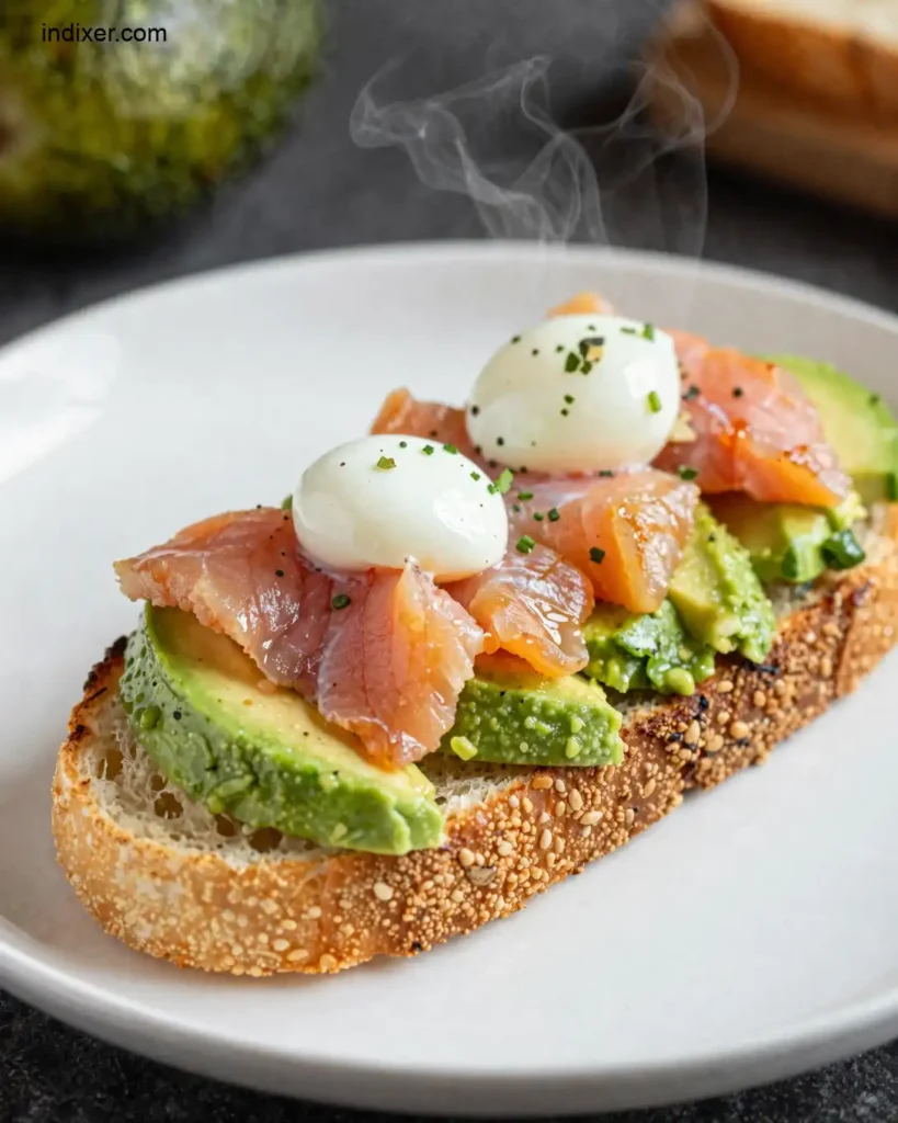 Plato delicioso de Tostada de Aguacate y Huevas de Pescado