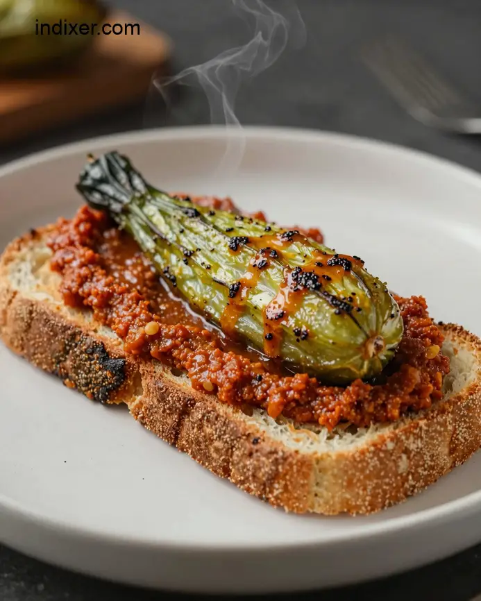 Plato delicioso de Tostas de Calabacín con Romesco