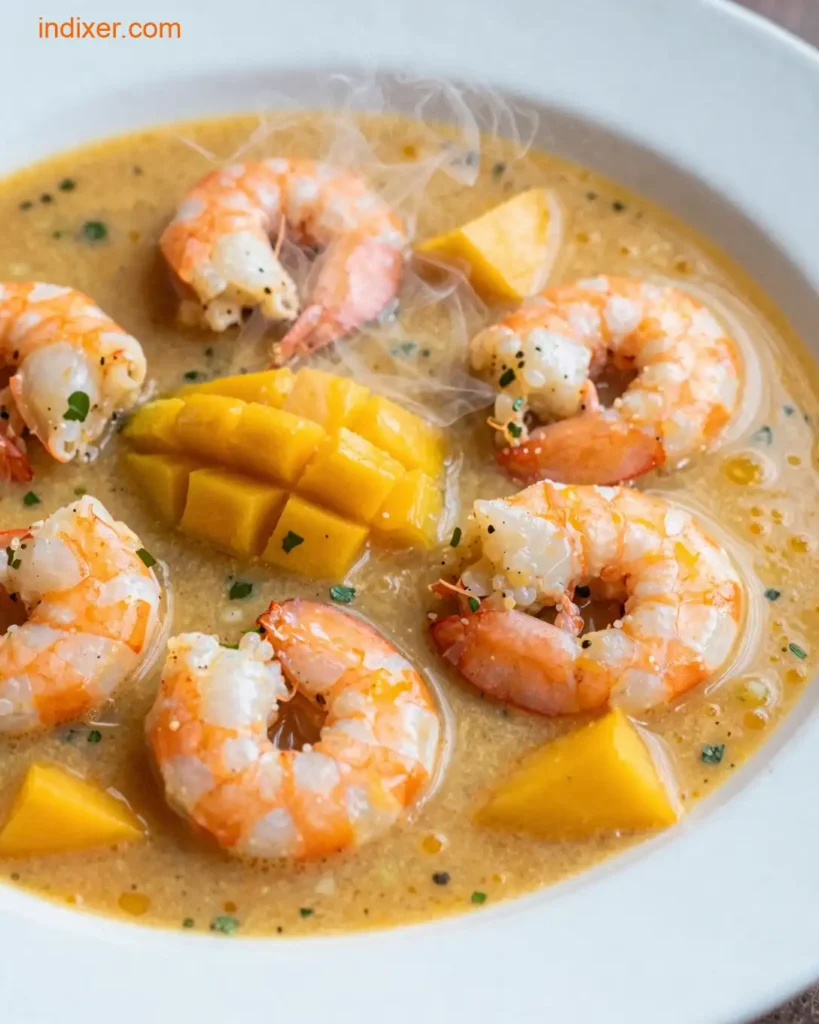 Plato delicioso de Ceviche de Camarones y Mango
