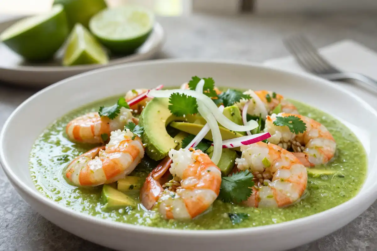 Aguachile Verde de Camarón y Pepino plato terminado