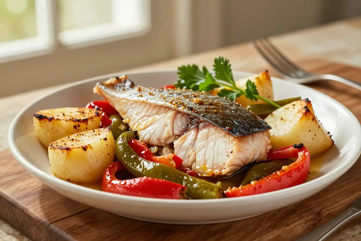 Bacalao al Horno con Patatas y Pimientos plato terminado