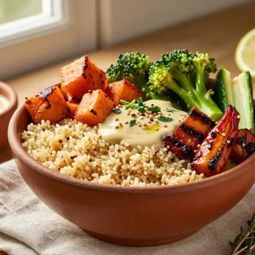 Bowl de Quinoa con Vegetales Asados y Tahini - Tarjeta de Receta