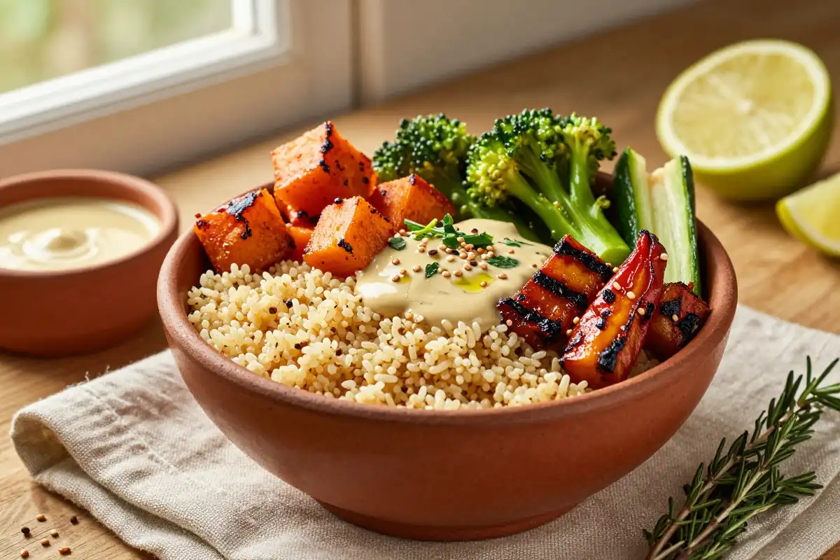 Bowl de Quinoa con Vegetales Asados y Tahini plato terminado