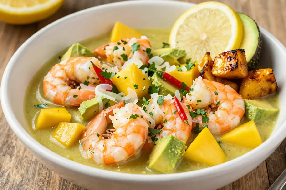 Ceviche Fresco de Camarones con Mango y Aguacate plato terminado