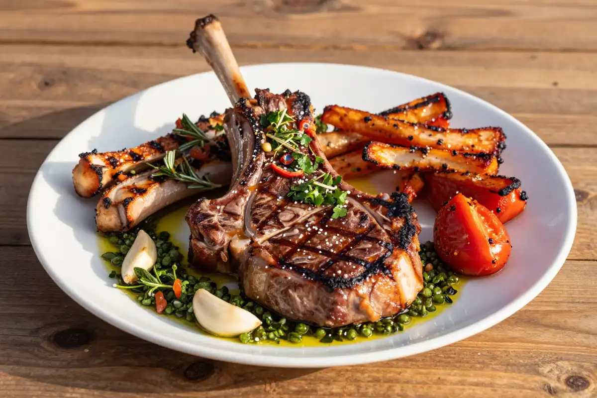 Chuletas de Cordero y Tiras de Res a la Parrilla con Chimichurri plato terminado