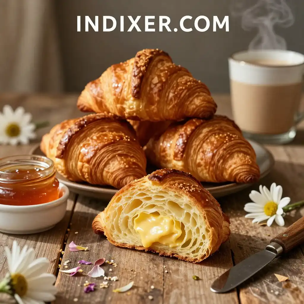 Croissants de mantequilla, dorados y recién horneados, en una bandeja