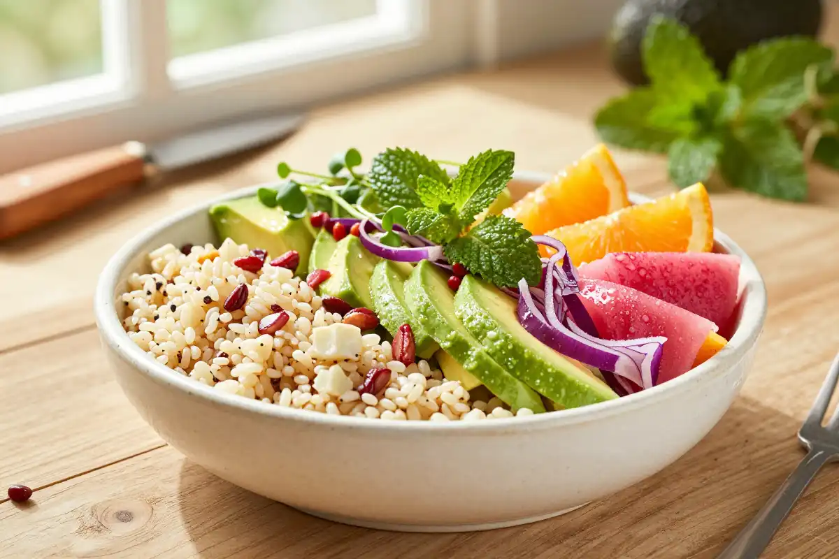Ensalada de Quinoa, Aguacate y Cítricos plato terminado
