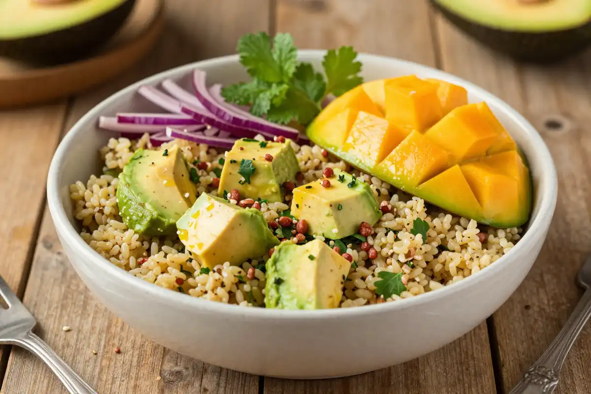 Ensalada de Quinoa con Aguacate y Mango plato terminado