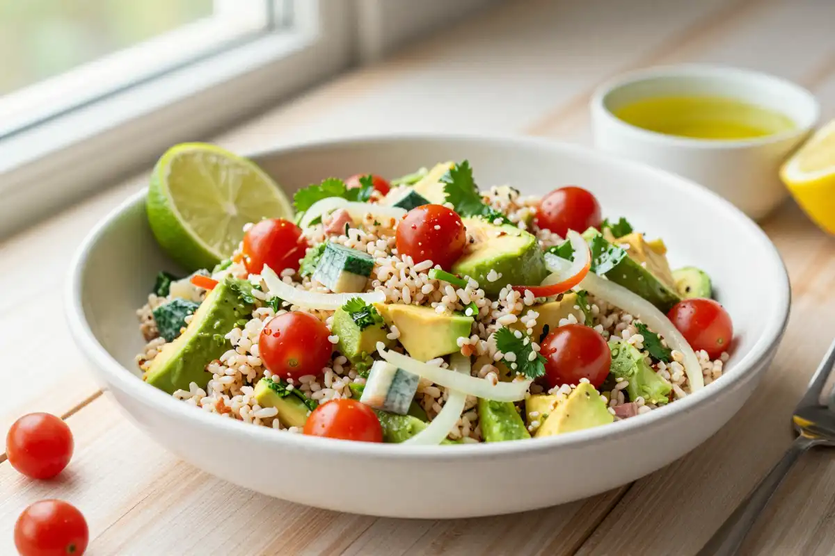 Ensalada de Quinoa con Aguacate y Tomates Cherry plato terminado