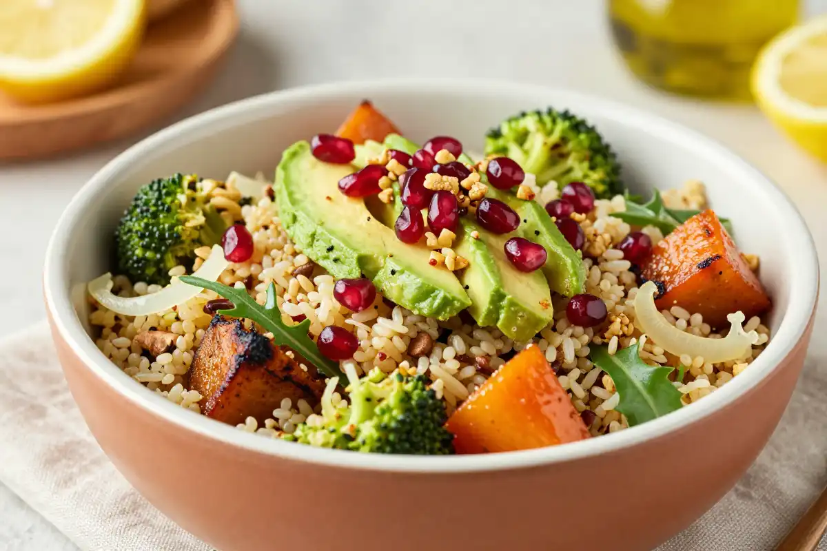 Ensalada de Quinoa con Vegetales Asados y Rúcula plato terminado