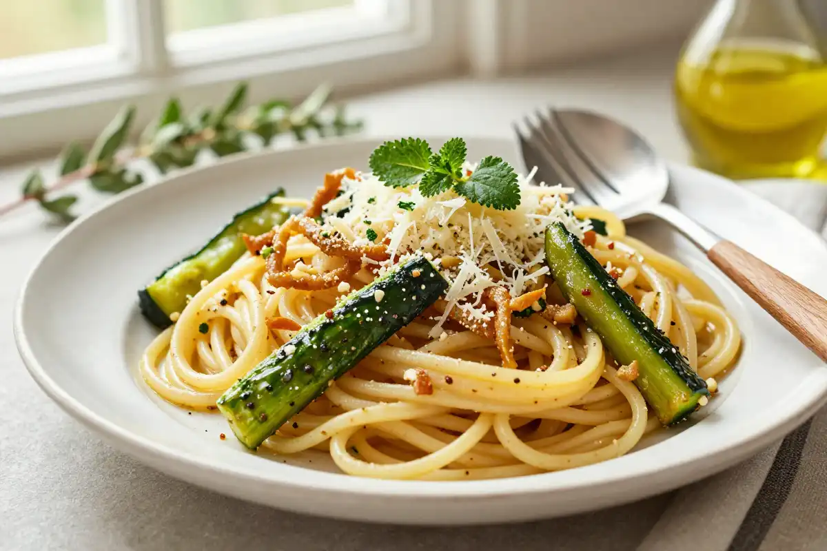 Espaguetis con Salteado de Calabacín y Albahaca plato terminado