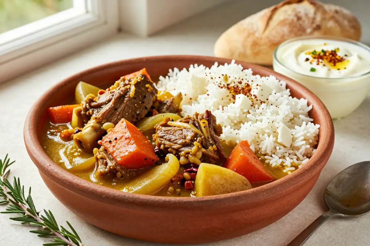 Estofado de Cordero y Res con Especias y Yogur plato terminado