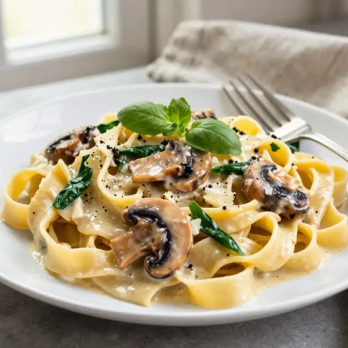 Fettuccine Alfredo con Champiñones y Espinaca - Tarjeta de Receta