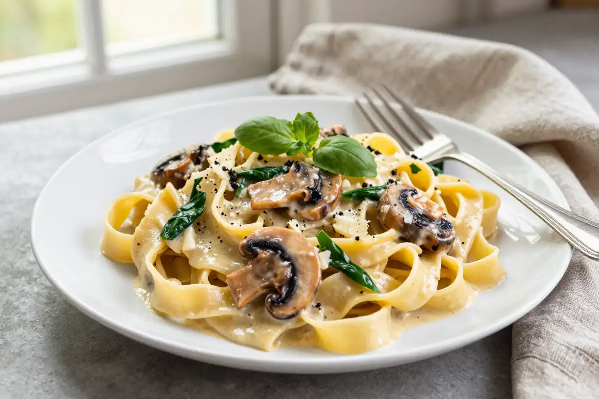 Fettuccine Alfredo con Champiñones y Espinaca plato terminado