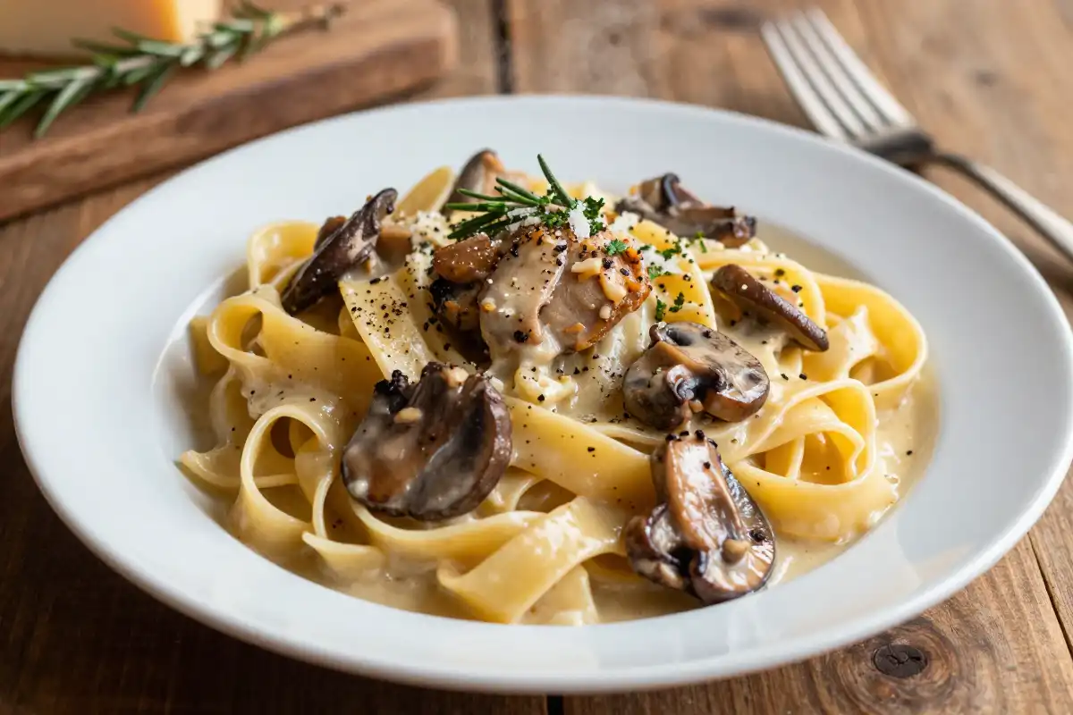 Fettuccine Alfredo con Pollo y Champiñones plato terminado