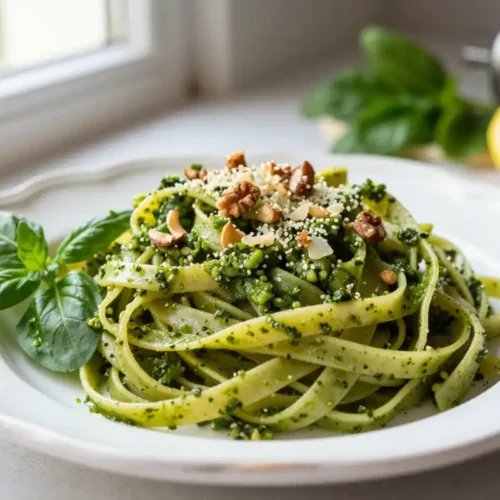Fettuccine con Pesto de Espinacas y Nueces - Tarjeta de Receta