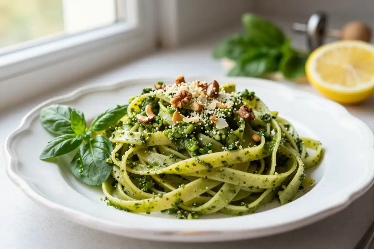 Fettuccine con Pesto de Espinacas y Nueces plato terminado