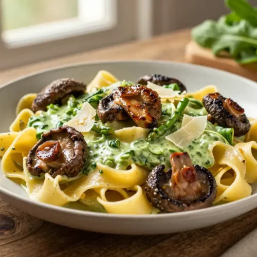 Fettuccine con Setas y Crema de Espárragos - Tarjeta de Receta