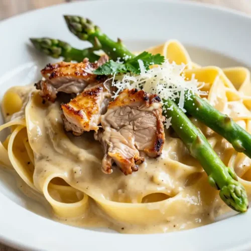 Fettuccine Cremoso con Pollo y Espárragos - Tarjeta de Receta