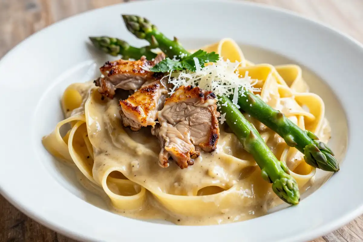 Fettuccine Cremoso con Pollo y Espárragos plato terminado