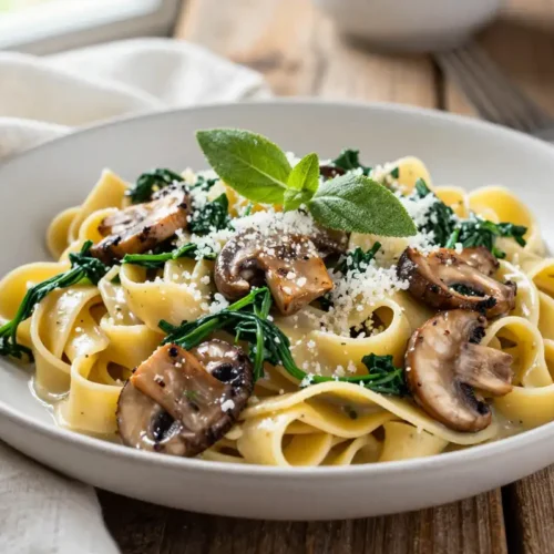 Fettuccine Cremoso de Champiñones y Espinacas - Tarjeta de Receta