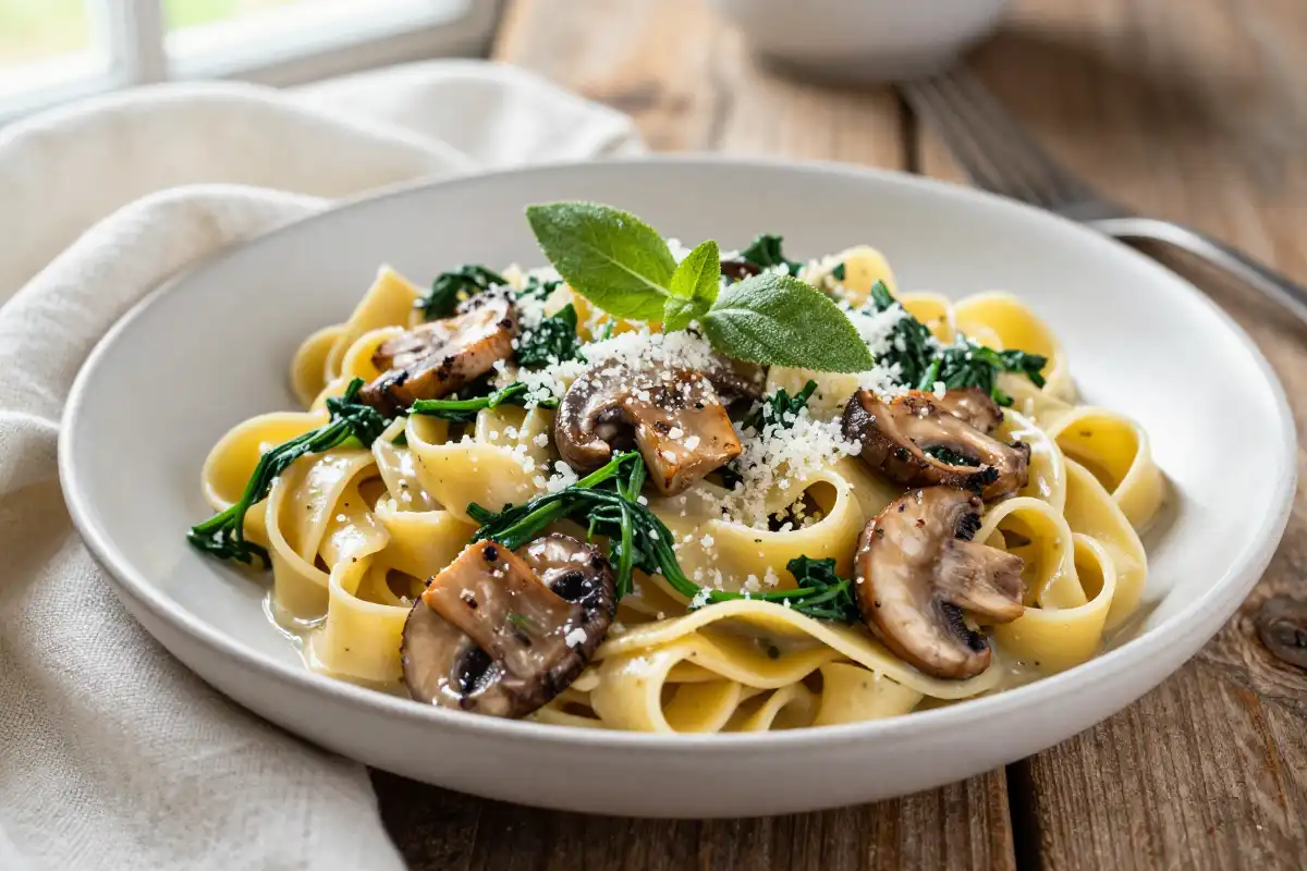 Fettuccine Cremoso de Champiñones y Espinacas plato terminado