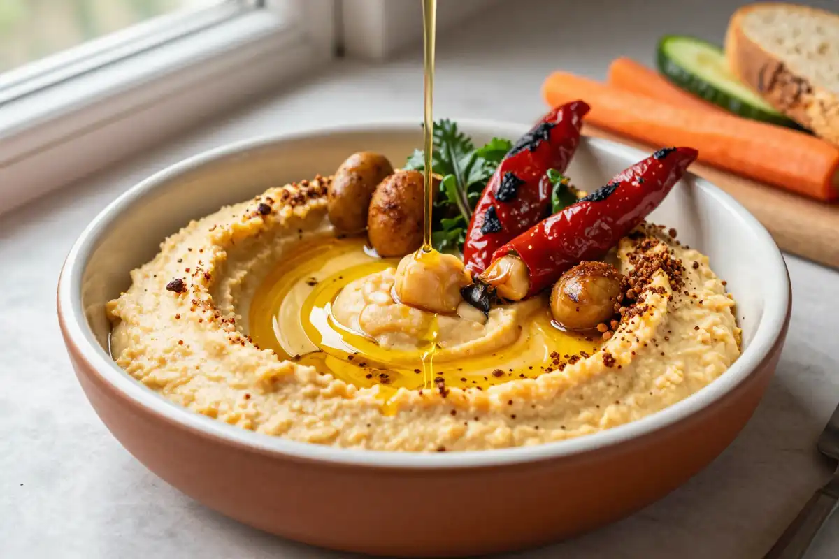 Hummus de Pimiento Asado con Especias plato terminado