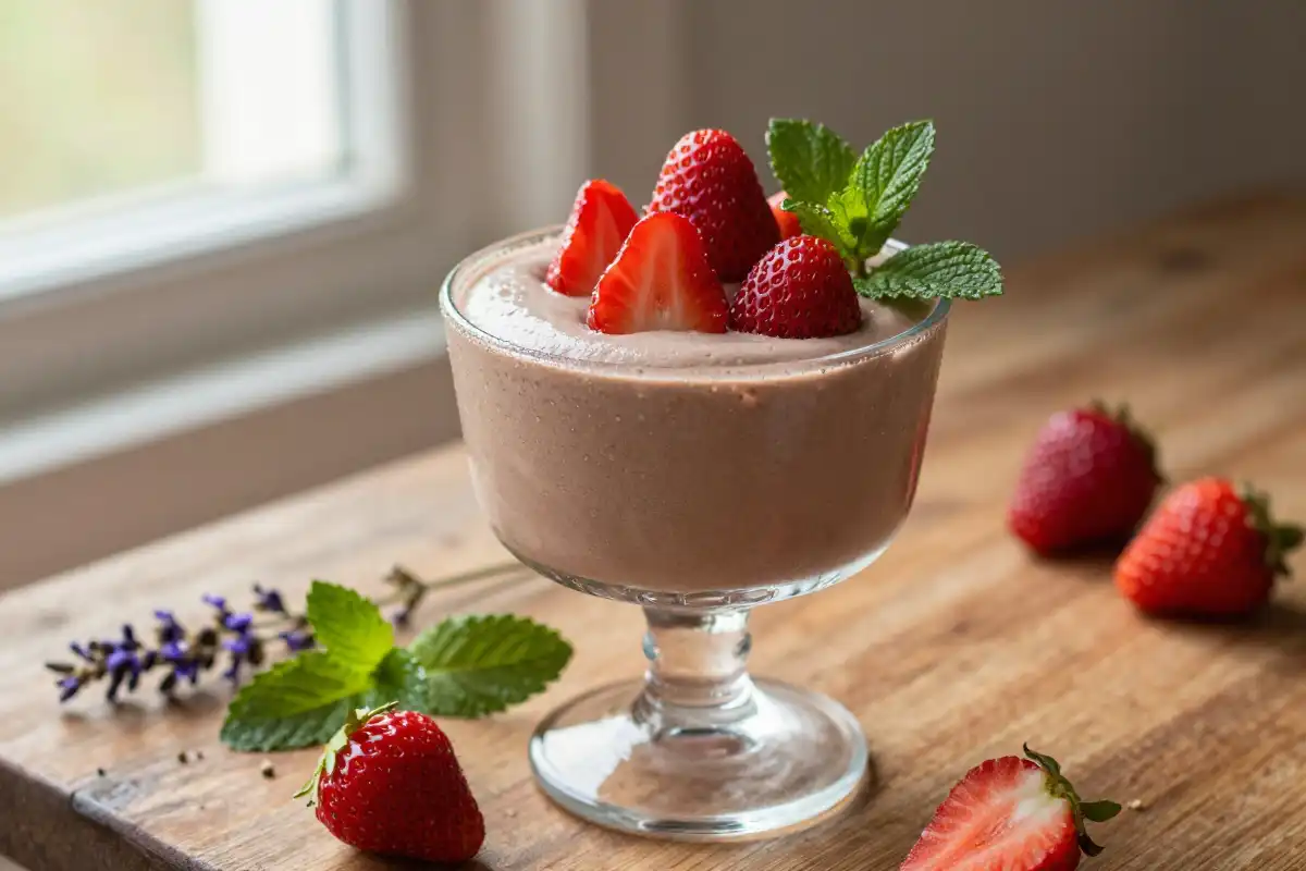 Mousse de Chocolate Blanco y Frutos Rojos plato terminado