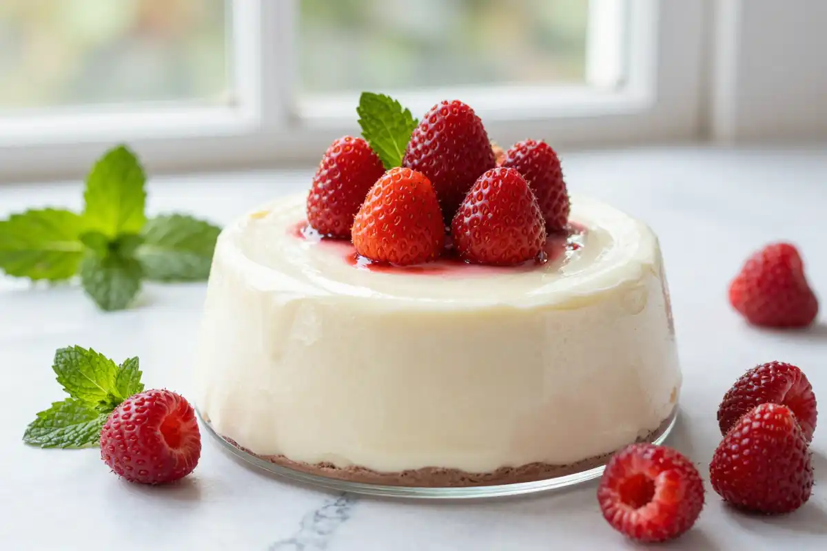 Mousse de Chocolate Blanco y Frutos Rojos plato terminado