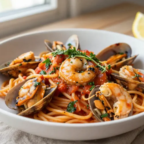 Pasta con Salsa de Mariscos y Albahaca - Tarjeta de Receta