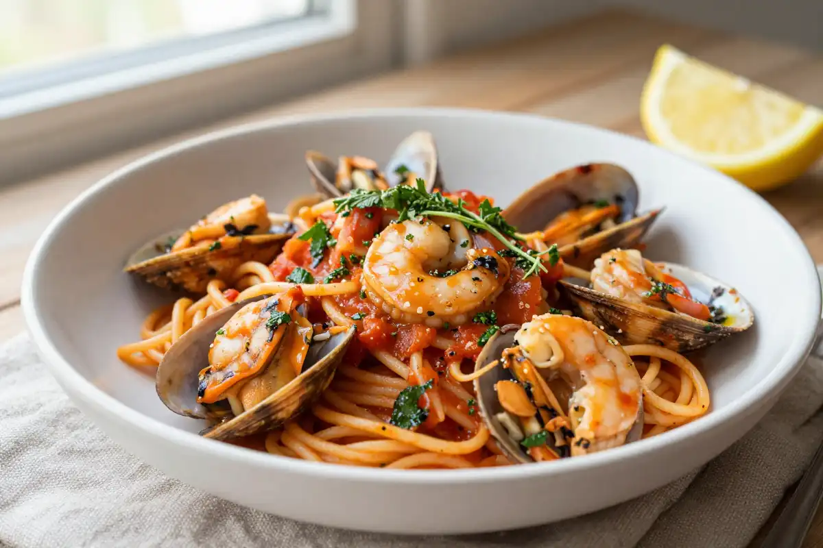 Pasta con Salsa de Mariscos y Albahaca - Tarjeta de Receta