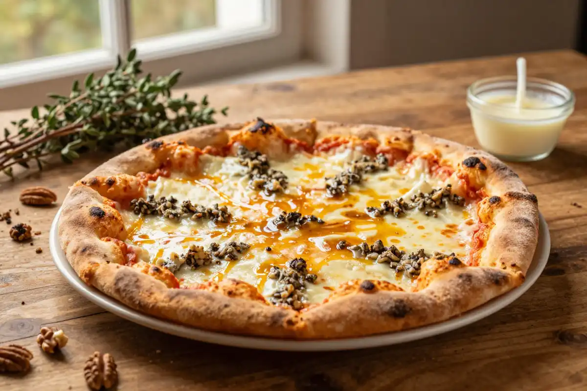 Pizza Cuatro Quesos con Miel y Nueces plato terminado