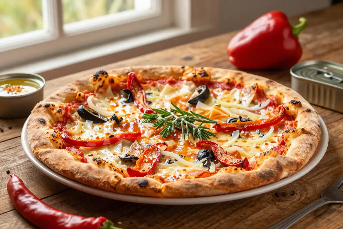 Pizza de Atún y Pimiento Asado plato terminado