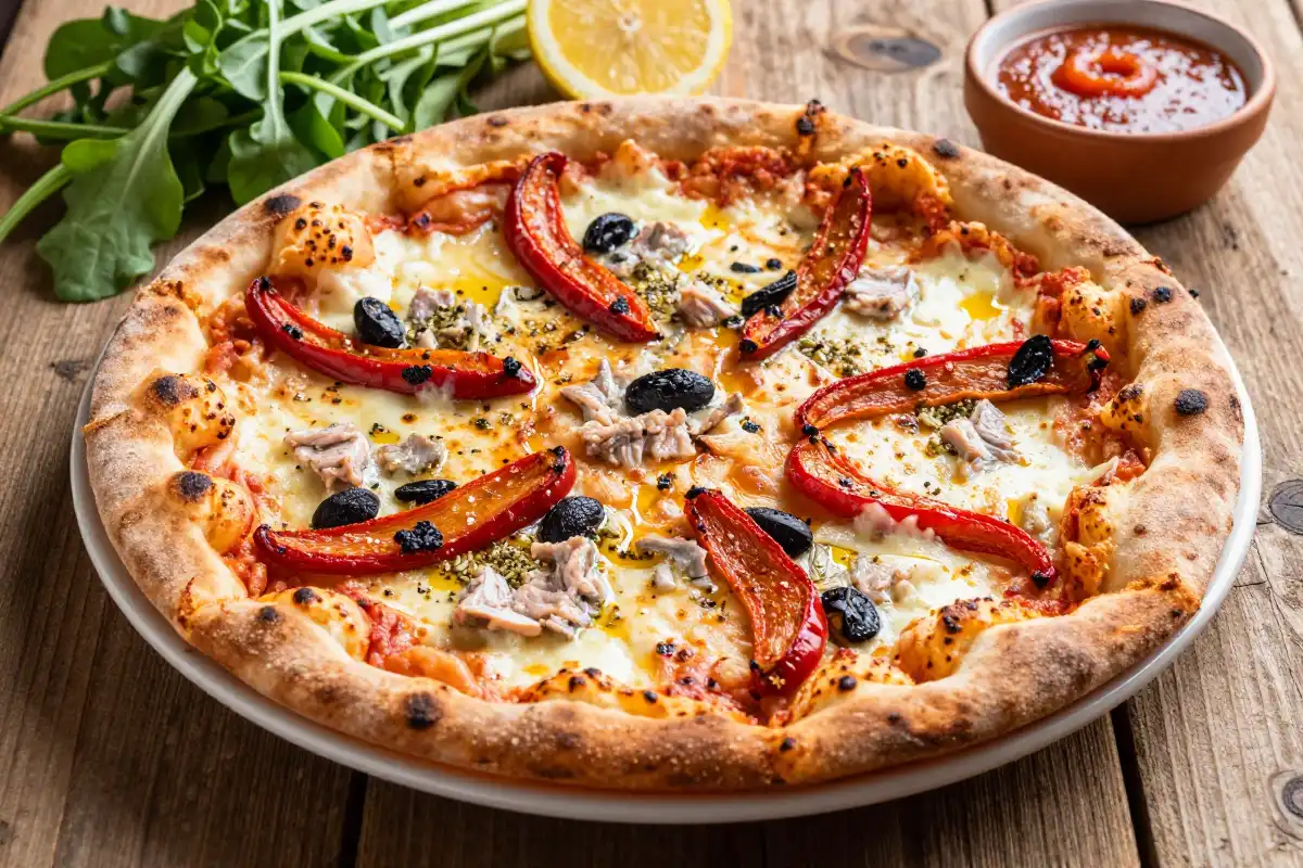 Pizza de Atún y Pimientos Asados plato terminado