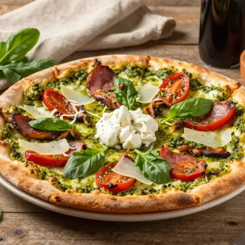 Pizza de Pollo con Pesto y Tomates Cherry - Tarjeta de Receta