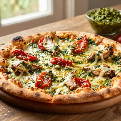 Pizza de Pollo con Pesto y Tomates Secos - Tarjeta de Receta